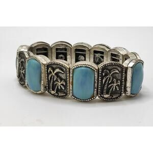 Vintage Panel Stretch Bracelet Faux Turquoise Palm Tree Silver Tone
